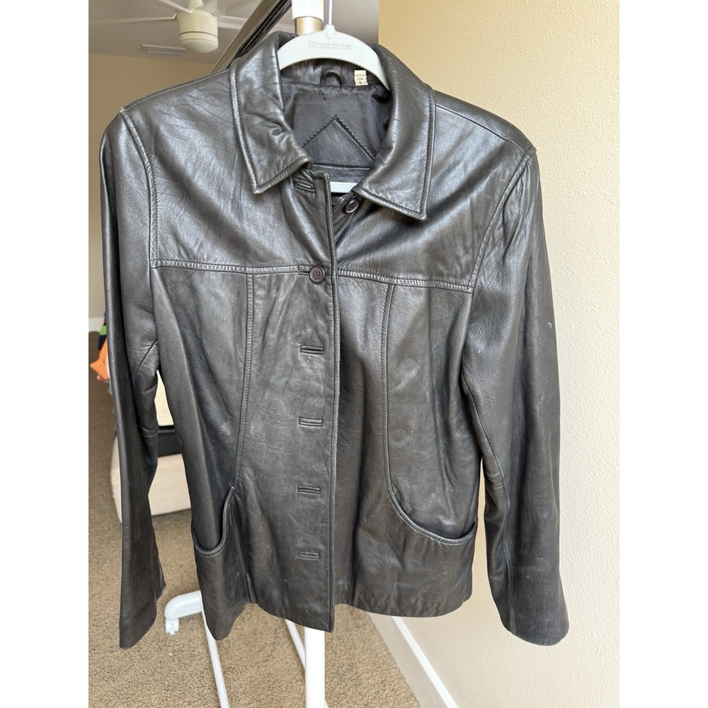 Preston & York Leather Jacket Black Button Front Collared Size S